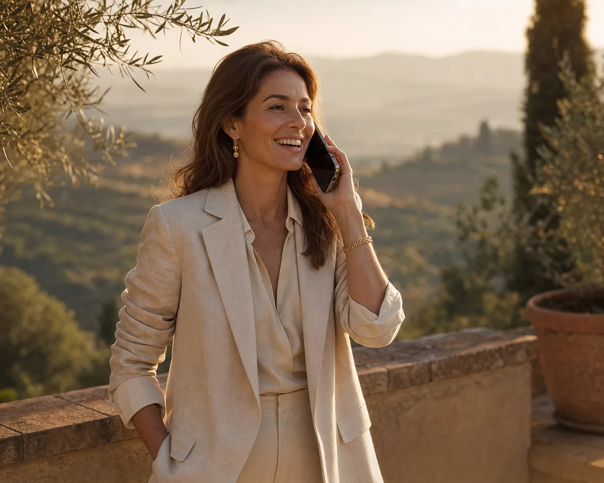 A warm, confident woman laughing on the phone on a Tuscan terrace at golden hour.