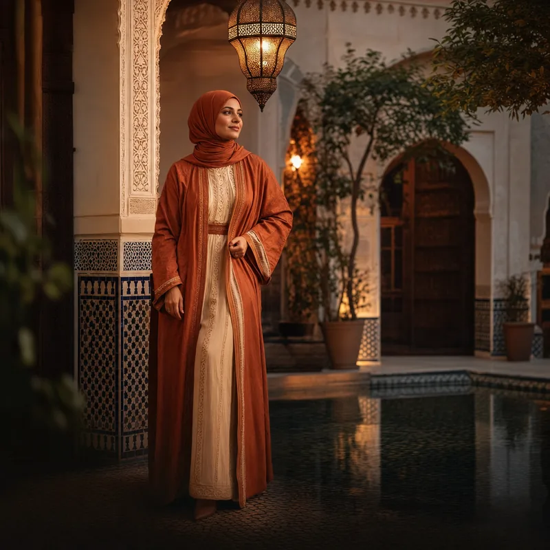 A Marrakech courtyard in warm lamplight.