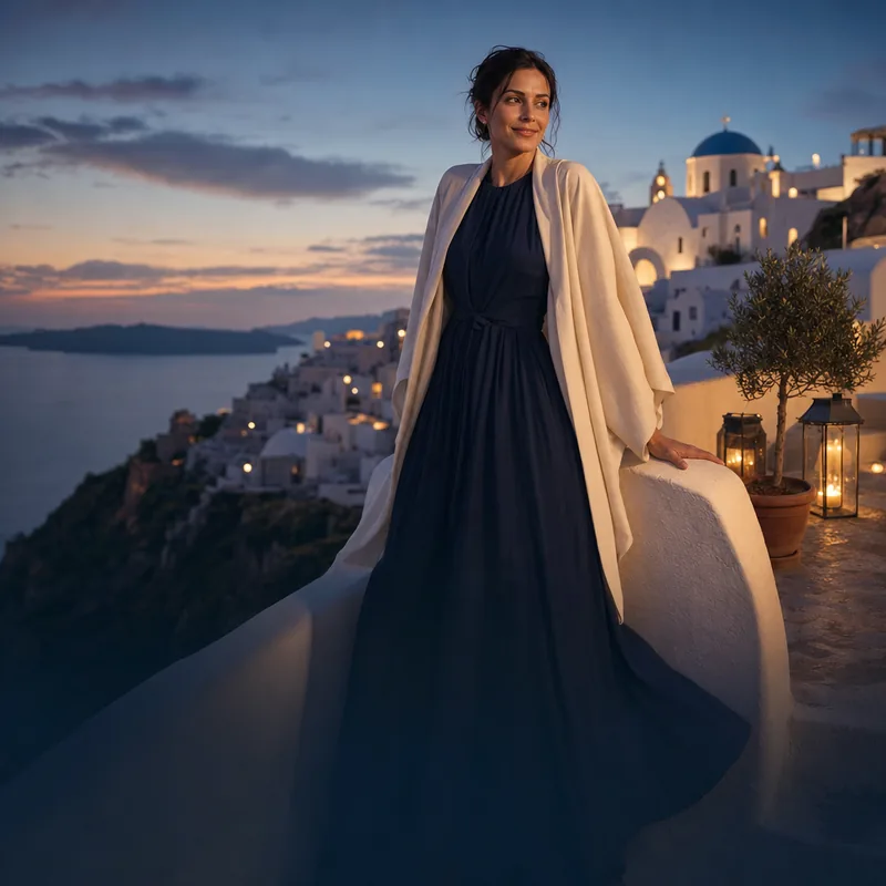 A Santorini terrace in blue and gold.