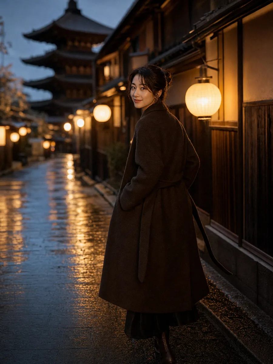 A Kyoto lane at dusk with paper lanterns on wet stone.