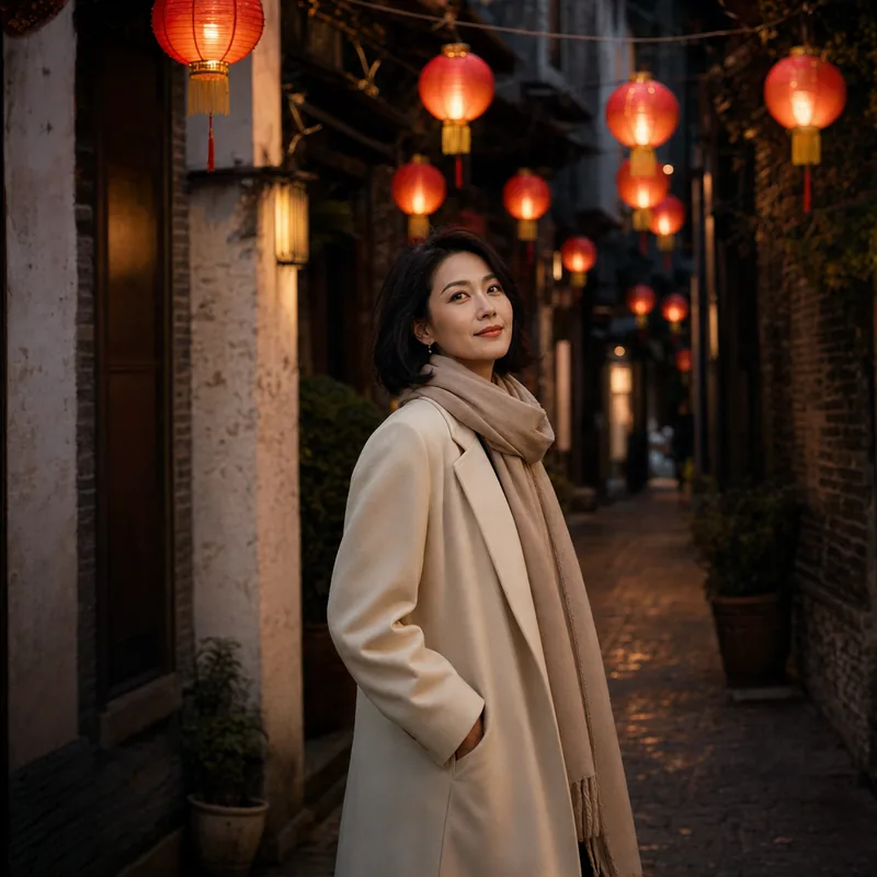 A Shanghai lane with lanterns at dusk.